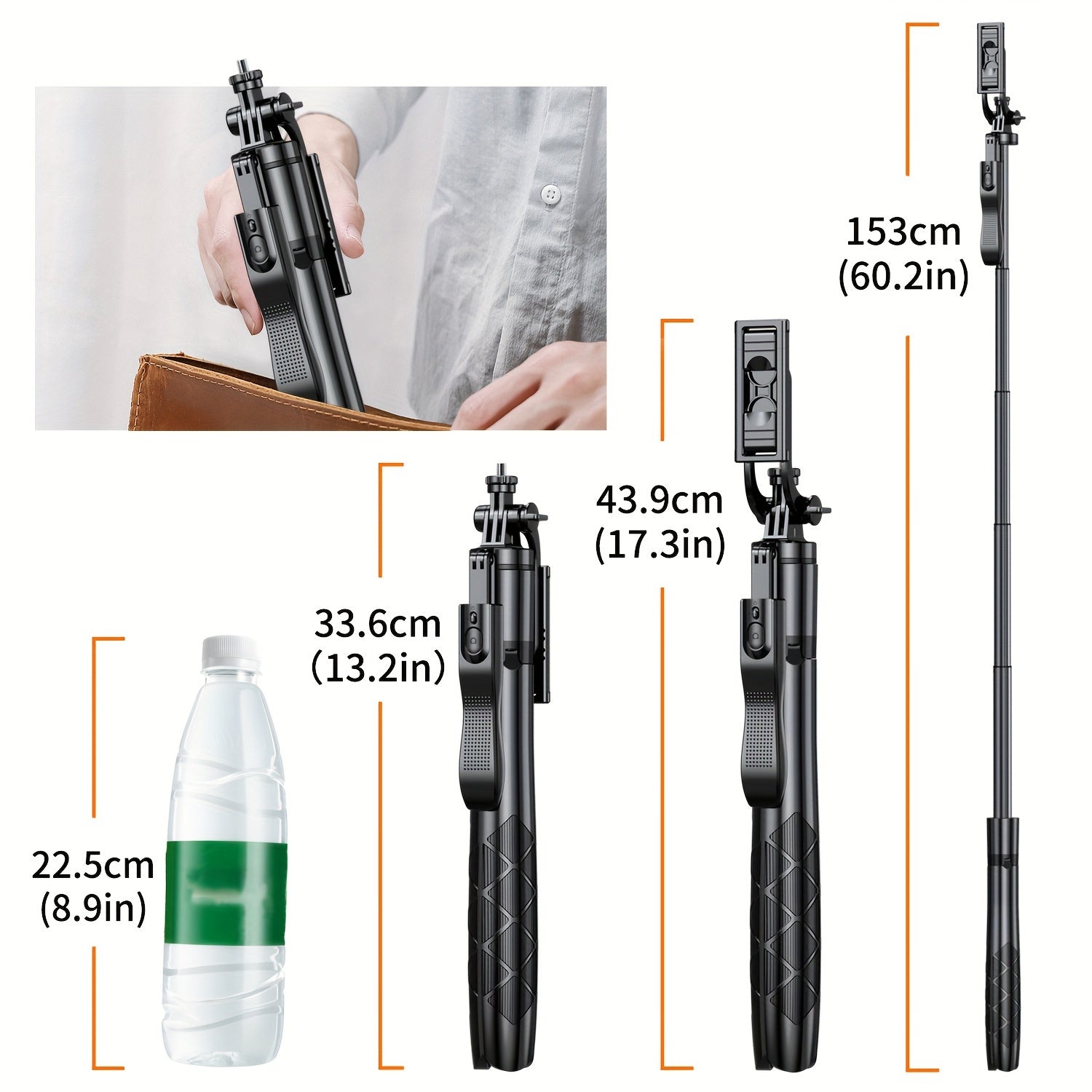 Extendable 61-inch selfie stick tripod for smartphones and cameras, featuring adjustable length and sturdy tripod base for stable shots.