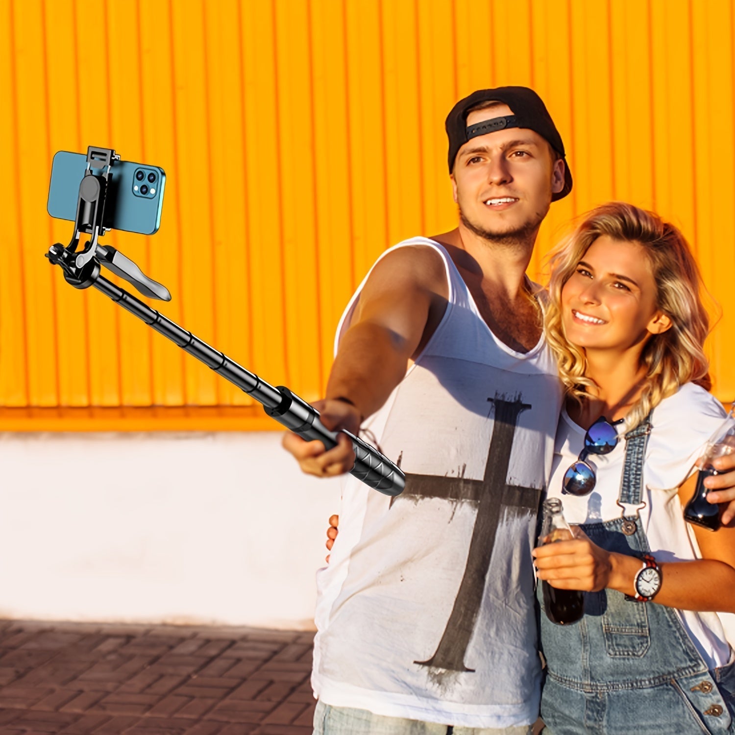 Extendable 61-inch selfie stick tripod for smartphones and cameras, featuring adjustable height and compact design for travel use.
