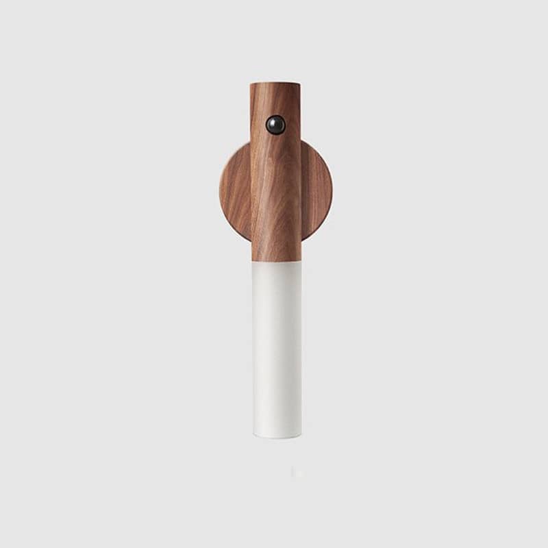 Auto LED USB Magnetic Wireless Night Light Corridors with wood and white cylindrical design mounted on wall