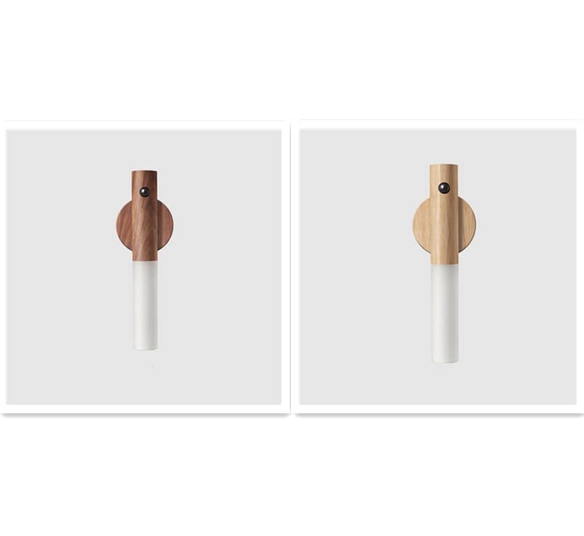 Auto LED USB Magnetic Wireless Night Light Corridors in dark and light wood finish with white cylindrical light