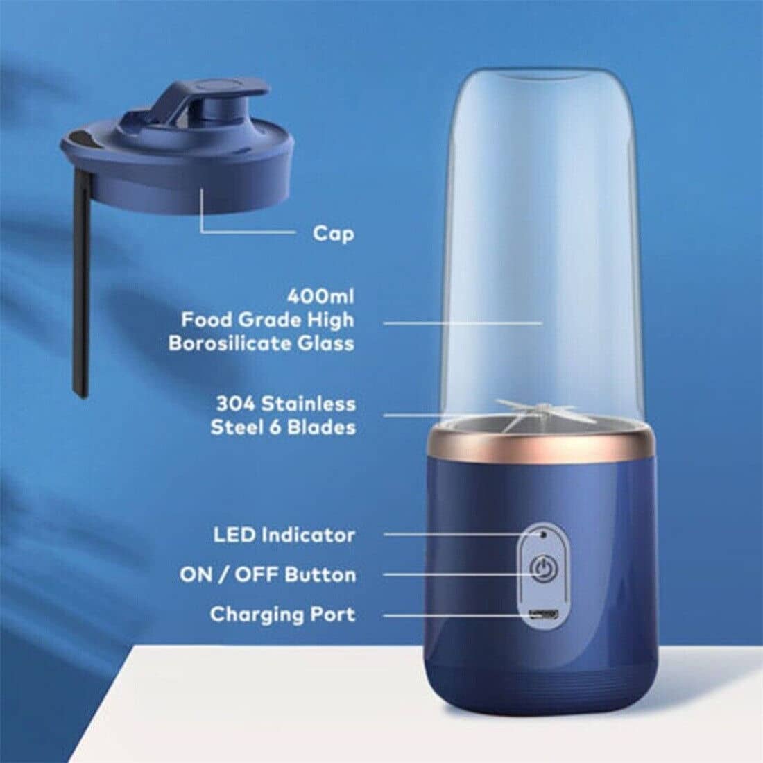 Le Monde Tech Portable Blender 2 Cups Blue